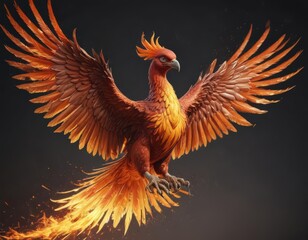 Blazing phoenix, wings ablaze, fiery plumage detail,  red,  art