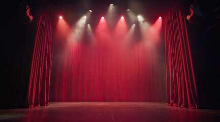 Empty stage with red curtains and spotlights
