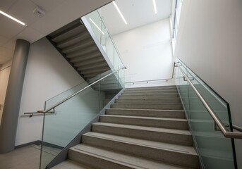 Fototapeta premium Staircase ascending represents progress and ambition with glass railing and white walls