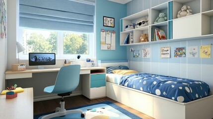 Stylish Children'S Room In Blue Tones. Workspace With Computer, Bed, Shelves With Toys. Interior Design.
