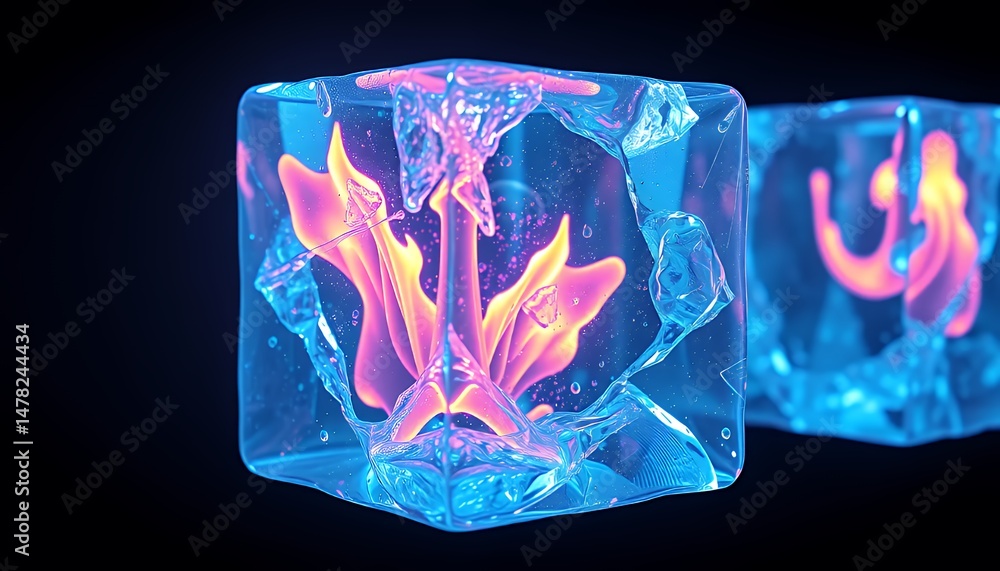 Poster translucent ice cubes with pink and orange abstract shapes in black background with sparkles isolate