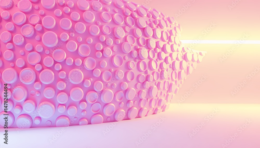 Poster unique pink sphere shape with circular patterns in a soft illuminated studio setting for abstract di