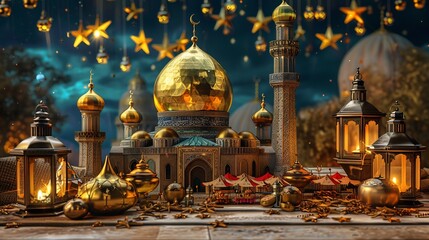Obraz premium Golden Mosque with Lanterns and Stars at Night