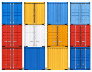 Picture of many shipping containers stacked together, with different colors like blue, yellow, red, and white, showing the metal and how they're built.