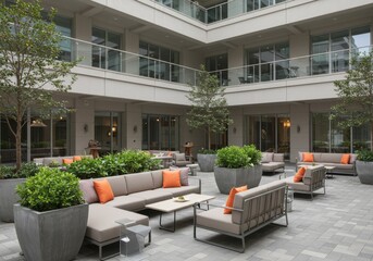 Outdoor lounge area representing urban oasis and relaxation, featuring modern furniture and greenery