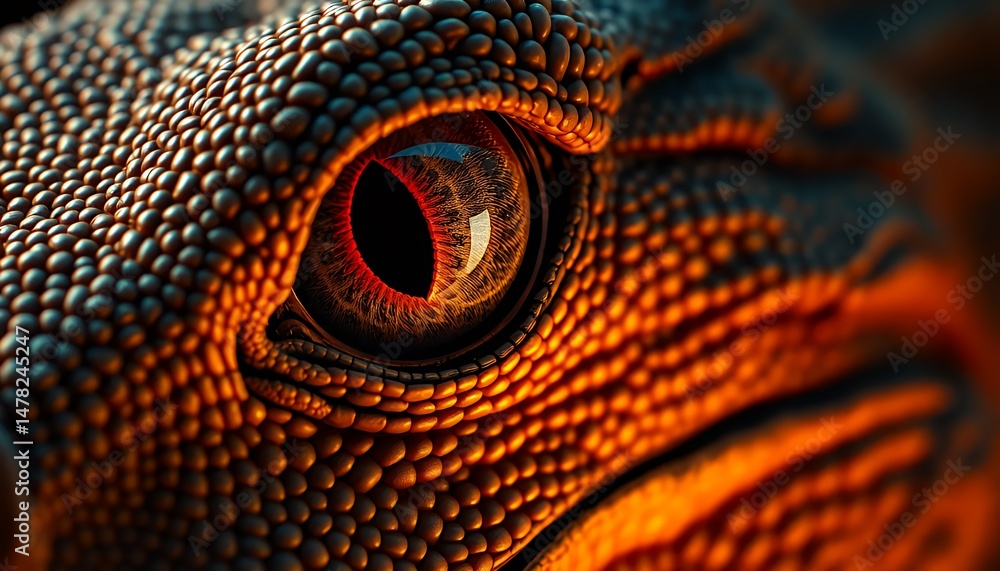 Poster extreme close up of a reptile eye showing intricate texture and patterns black red and orange colors