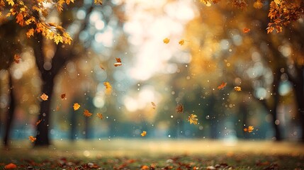 Serene autumn park landscape with vibrant colorful leaves gently falling from trees, creating a peaceful and tranquil atmosphere. 