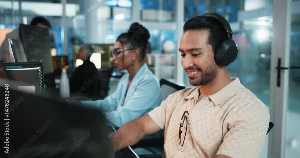 Fototapete Computer, headphones and smile of programmer man at desk in office as graphic designer for software development. Coding, music and web design with developer or engineer at work for virtual update