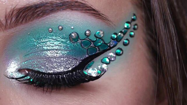 Vibrant eye makeup transformation with sparkling accents and dramatic style