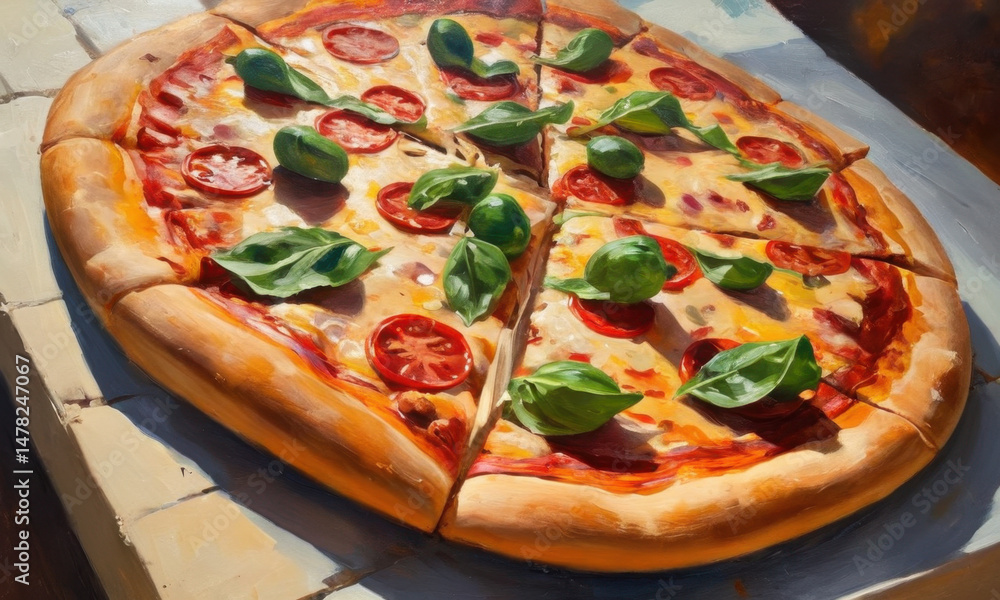 Poster a delicious-looking pizza on a wooden table with no other objects in view