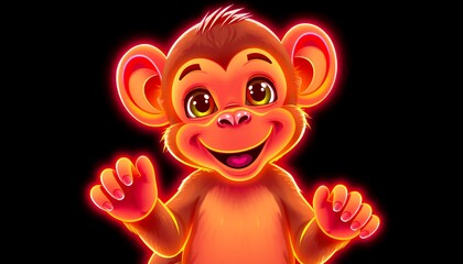 Fototapeta premium Cartoon Monkey Smiling with Red Outline Isolated on Black Background Cute Mammal Illustration for Decoration and Digital Projects