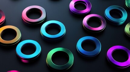 Colorful metallic rings scattered on a dark surface, showcasing vibrant reflections.
