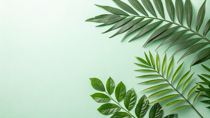 Minimalist Green Botanical Background with Tropical Leaves on Pastel Backdrop