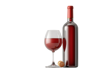 PNG Red wine bottle and glass on black background with cork detail