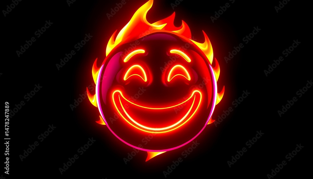 Poster glowing red smiley face surrounded by flames isolated on black background for vfx and game design