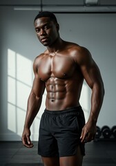 Fototapeta premium Powerful Physique A Muscular Man Posing in a Fitness Studio