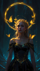 Fototapeta premium A waifu has deer antlers. Her dress has a beautiful shimmering pulsating gold pattern that gives it an extraordinary look. Generative AI