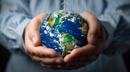 flat design earth cradled in hands with wind turbines green and blue on globe .