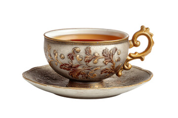 PNG Ornate antique silver tea cup with gold handle and saucer