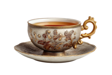 PNG Ornate antique silver tea cup with gold handle and saucer