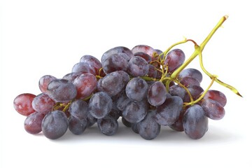 Fototapeta premium A bunch of dark-red grapes, glistening and plump, sits on a white background.