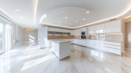 Obraz premium Modern kitchen with sleek design and ample natural light.