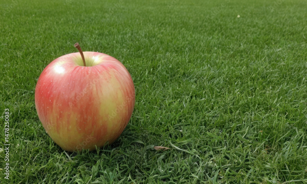Poster a single apple sits on a green field with a bright red and yellow color scheme