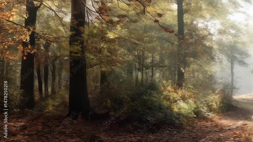 Poster sunlight shining through the trees in an enchanting forest with a path covered in dry leaves and bus