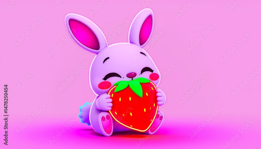 Poster charming cartoon bunny hugging a large strawberry on a soft pink background rendered in playful and 