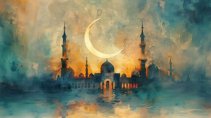 Mosque Silhouette at Dusk with Crescent Moon