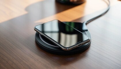 Modern cellphone on wireless charger, showcasing inductive charging and a wooden surface background, technology convergence