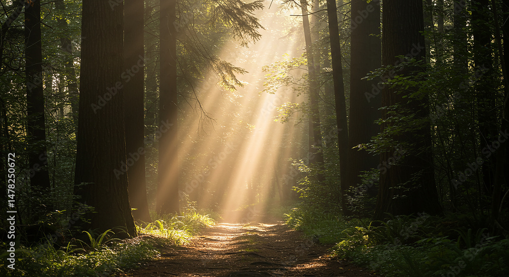 Poster sun rays breaking through the trees in a dense forest illuminating a path