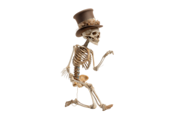 PNG Skeleton wearing steampunk hat with bow tie sitting sideways in profile view