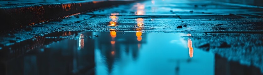 Nighttime reflections in a puddle on a city street.