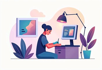 digital artist at work vibrant illustration of woman creating graphic designs