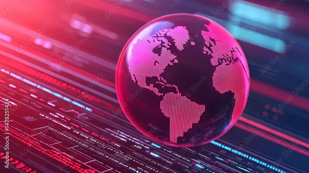 Poster digital globe with vibrant neon lines and a tech-inspired background.