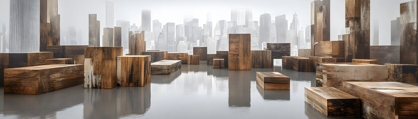 Abstract wooden blocks against a city backdrop.
