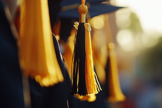 Close-up of graduation caps during a ceremony, with a blurry background and shallow depth of field The warm colors and college atmosphere create a sense of celebration Generative AI