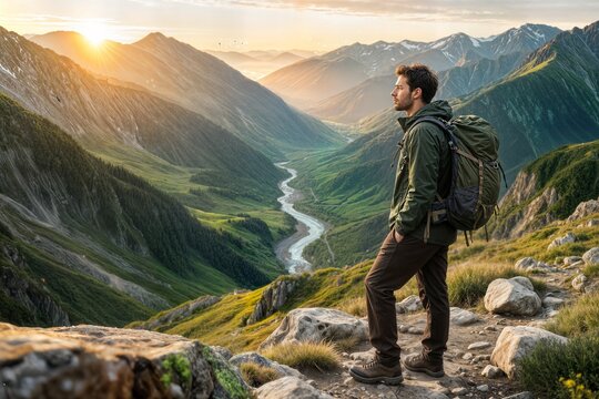 serene picturesque outdoor scene featuring man hiker hiking concept mountainous landscape serena escena pintoresca al aire libre con excursionista concepto paisaje monta&ntilde;oso traveler