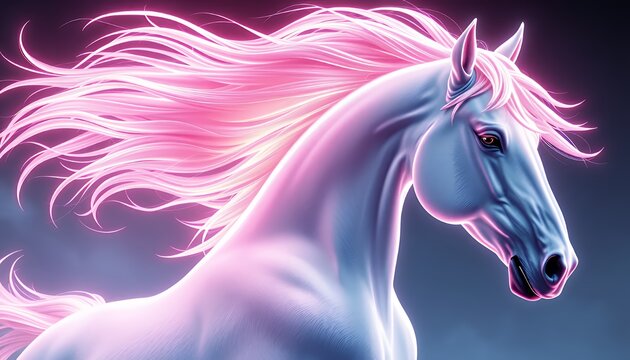 Glowing Pink Mane Horse Running with Radiant White Body on Dark Backdrop for Fantasy Digital Art