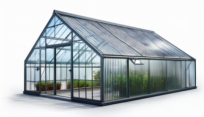 Obraz premium small empty glass greenhouse with metal frame isolated on white background perfect for growing plants and indoor gardening