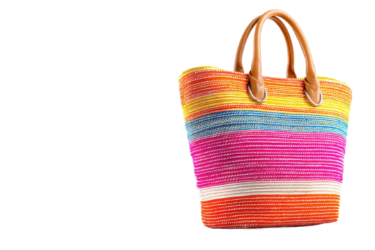 PNG Colorful striped fashion tote bag with leather handles on white background
