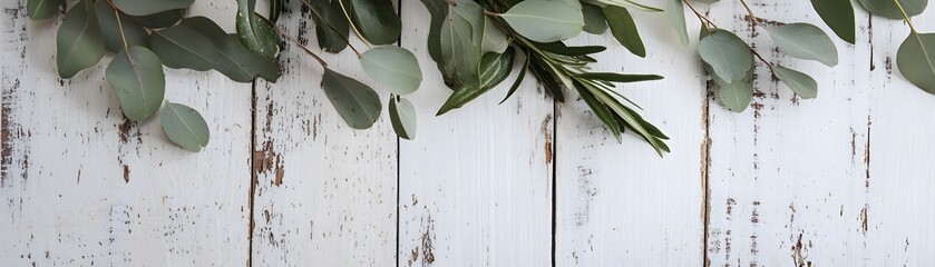 Fresh greenery sprigs arranged on distressed white wood planks.