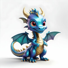 Fototapeta premium Blue cute baby dragon with glitter and sparkle on the scales, with big eyes and horns, wings spreading delicately, revealing shimmering scales against soft gray backdrop