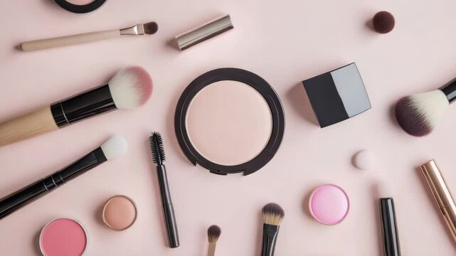 Top view of assorted cosmetic products on pink background with brushes and compact powder mockup