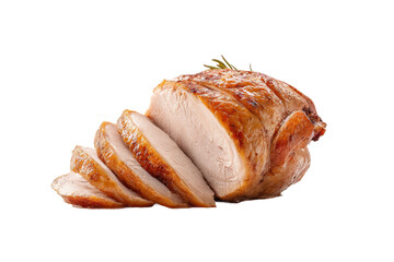 PNG Sliced roasted turkey breast with crispy skin and herbs on black background