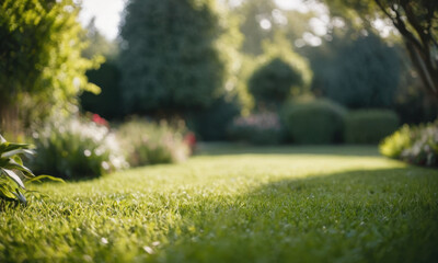 A peaceful outdoor scene with lush green grass, trees and bushes in the background
