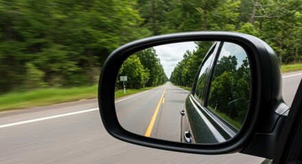 Car mirror reflecting road journey and perspective, with trees and yellow line