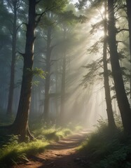 Obraz premium Sunbeams pierce misty forest, creating ethereal glow , natural, greenery, atmosphere