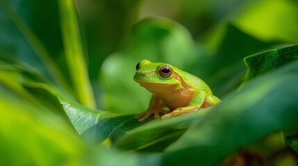 Tree frog sitting on a lush green leaf with natural sunlight filtering through the foliage, capturing the beauty of wildlife and nature in its peaceful